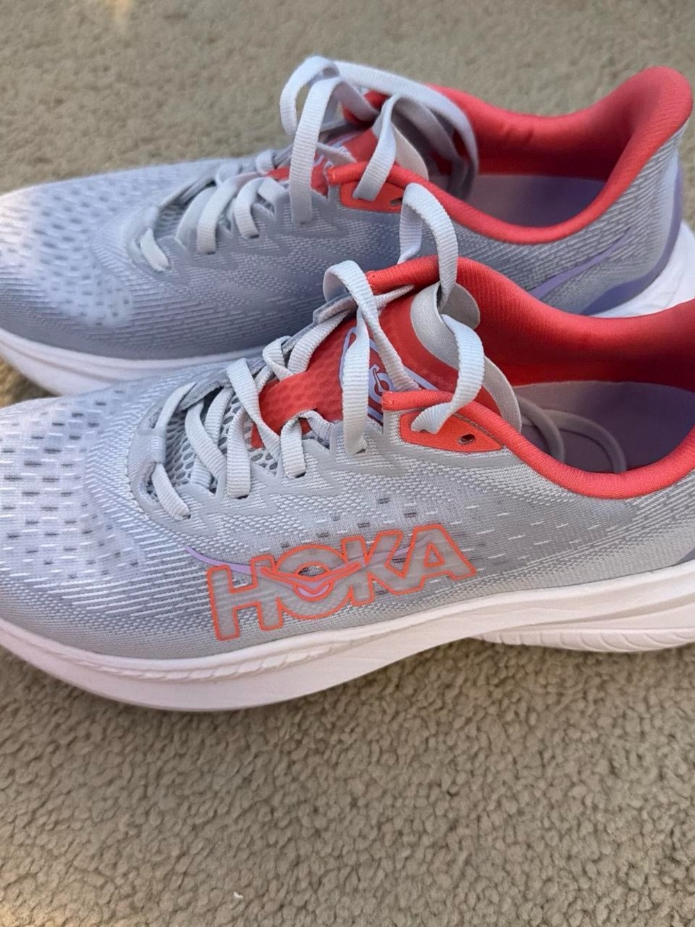 Hoka Women's Light Gray and Coral Running Sneakers